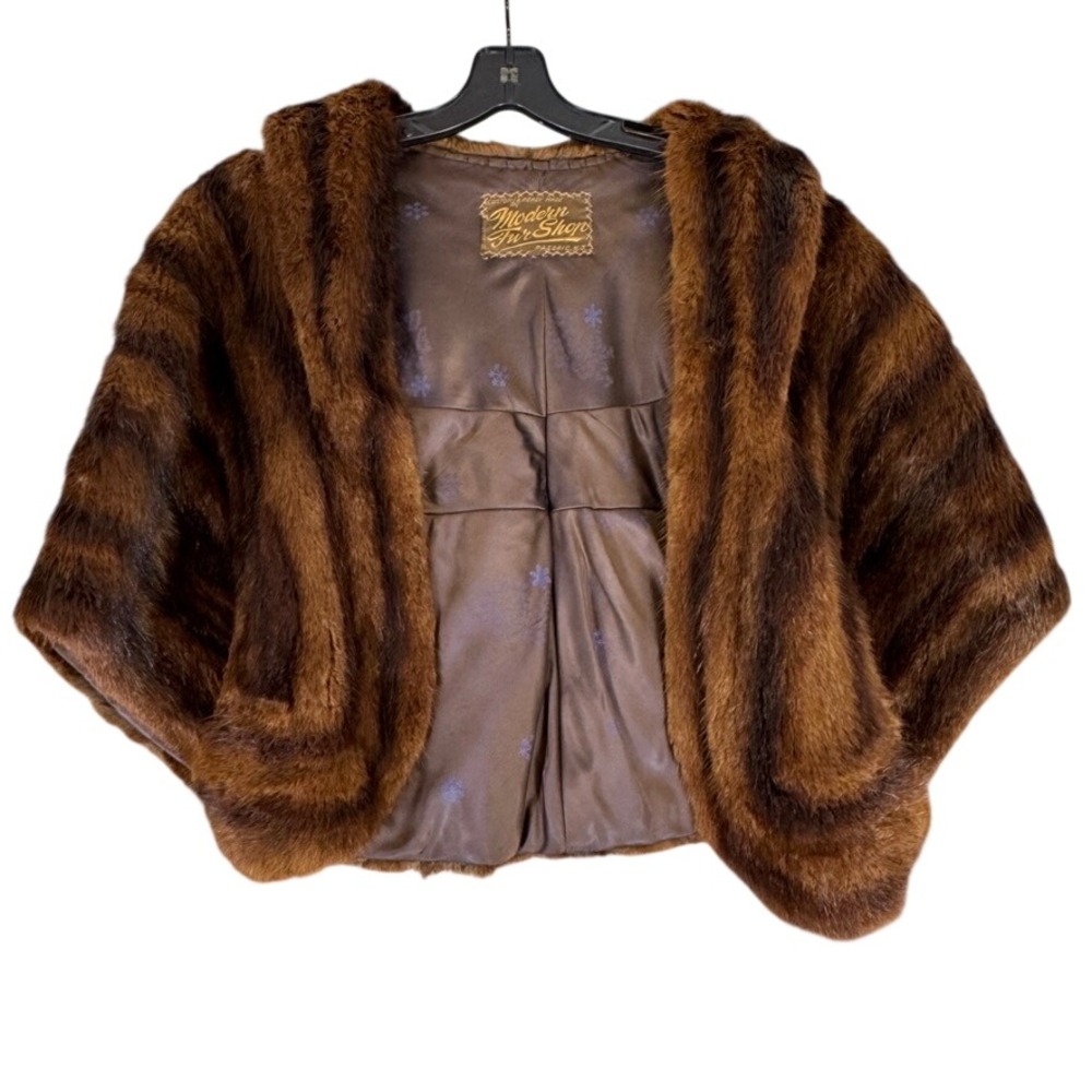 Vintage Modern Fur Shop Brown Striped Fur Stole Wrap Capelet Floral Satin Lining